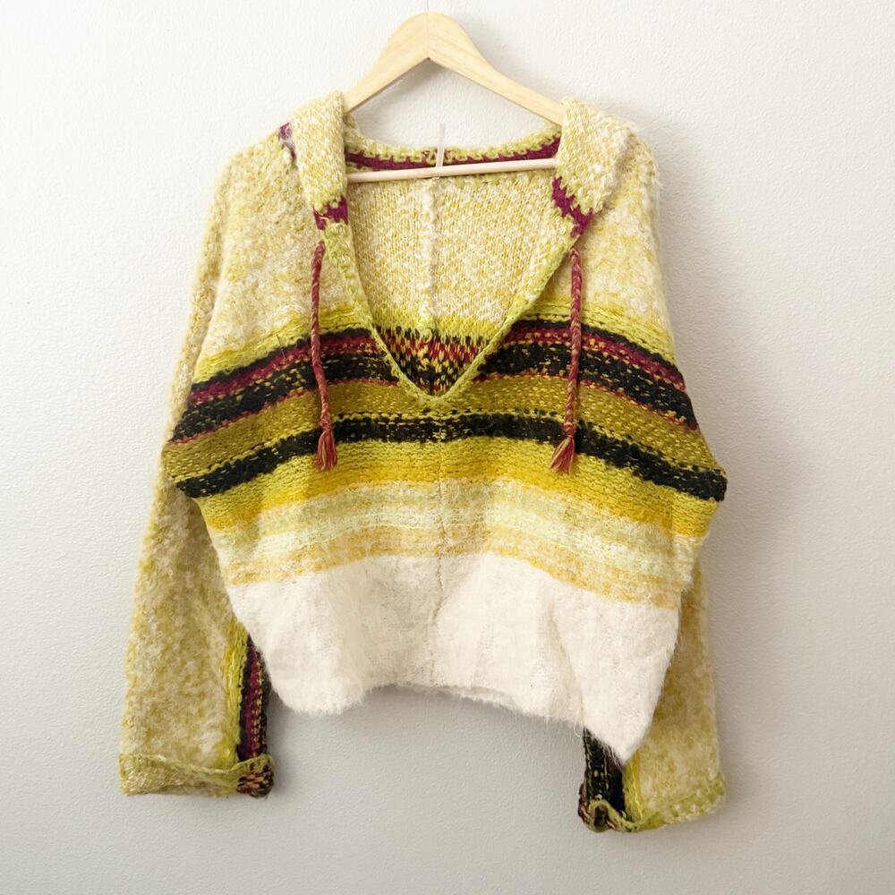 FREE PEOPLE | Alpaca Blend Knit Hooded Sweater Cream Lime Stitched Edge | Medium